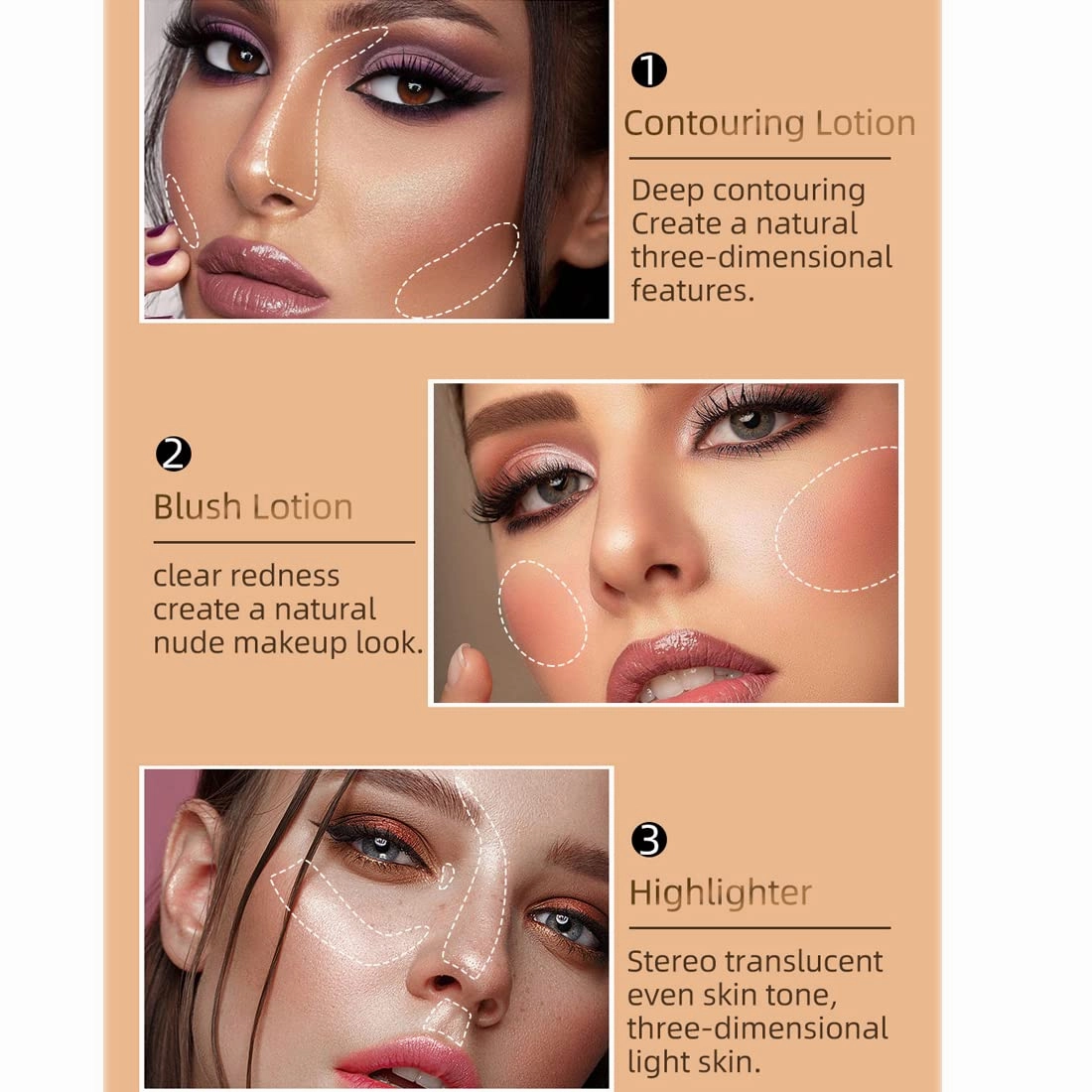 QIBEST multifunctional makeup powder blusher pen highlights naturally brightens facial contour Pearl liquid can be mixed with matte durable waterproof women's professional palette (C)