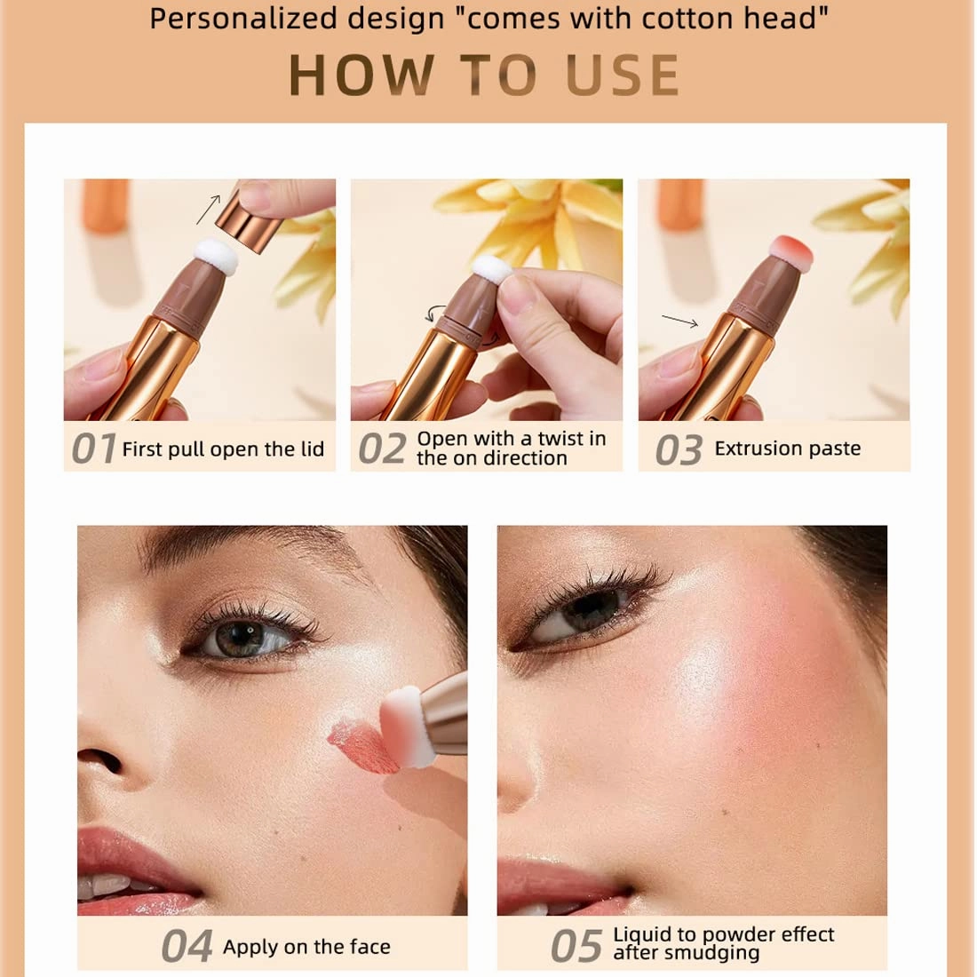QIBEST multifunctional makeup powder blusher pen highlights naturally brightens facial contour Pearl liquid can be mixed with matte durable waterproof women's professional palette (E)