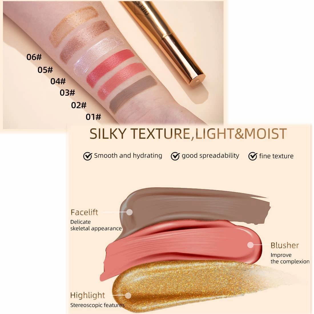 QIBEST multifunctional makeup powder blusher pen highlights naturally brightens facial contour Pearl liquid can be mixed with matte durable waterproof women's professional palette (E)