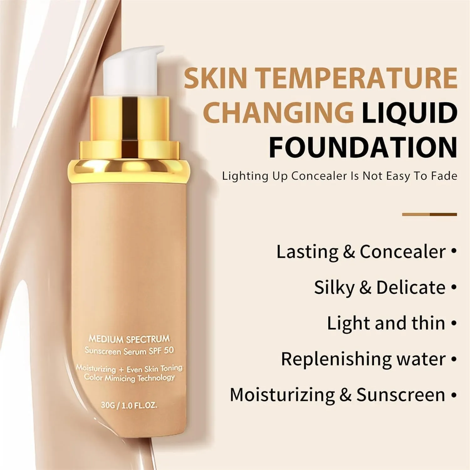Rise Luxus Protector Solar, Rise Luxus Ultrablend 4 in 1 Foundation Color Changing Foundation, Medium Spectrum with Spf 50 , Concealer, Sun Protection, Hydrating, Longwearing & Waterproof (1PCS)