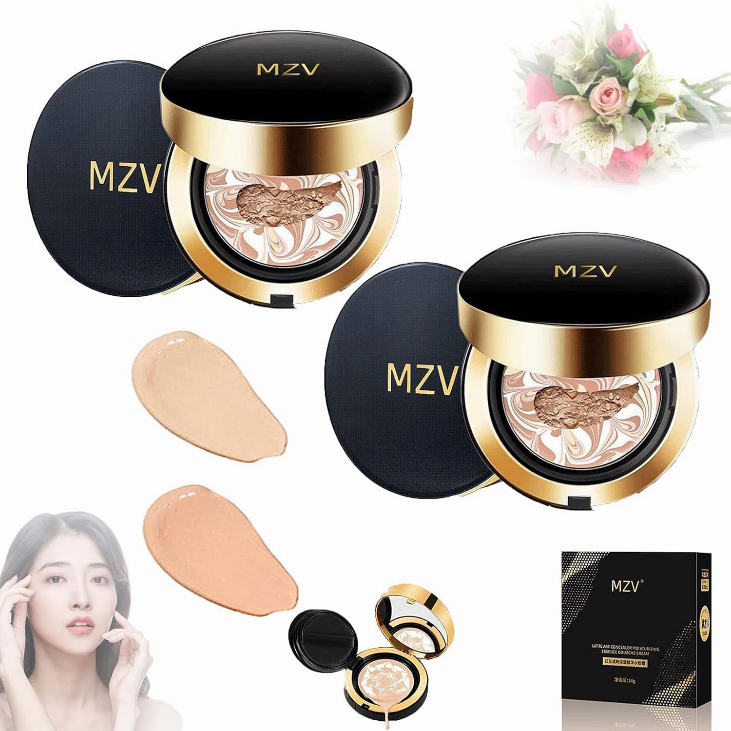 RJDJ Mzv Air Cushion Bb Cream Waterproof Foundation, Mzv Water Bead Tricolor Latte Concealer Cushion Bb Cream, Long-Lasting Moisturizing Concealer, Natural Makeup Concealer for Women (21# 23#)