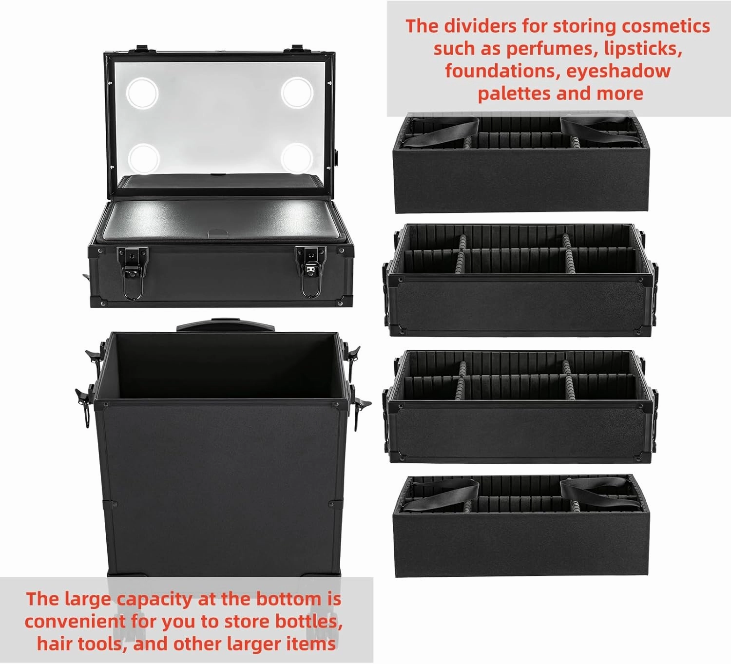 Rolling Makeup Case with Lighted Mirror, 5 in 1 Train Case on Wheels Large Beauty Salon Luggage Cosmetic Trolley for Cosmetology Nail Tech Hairstylist, Black