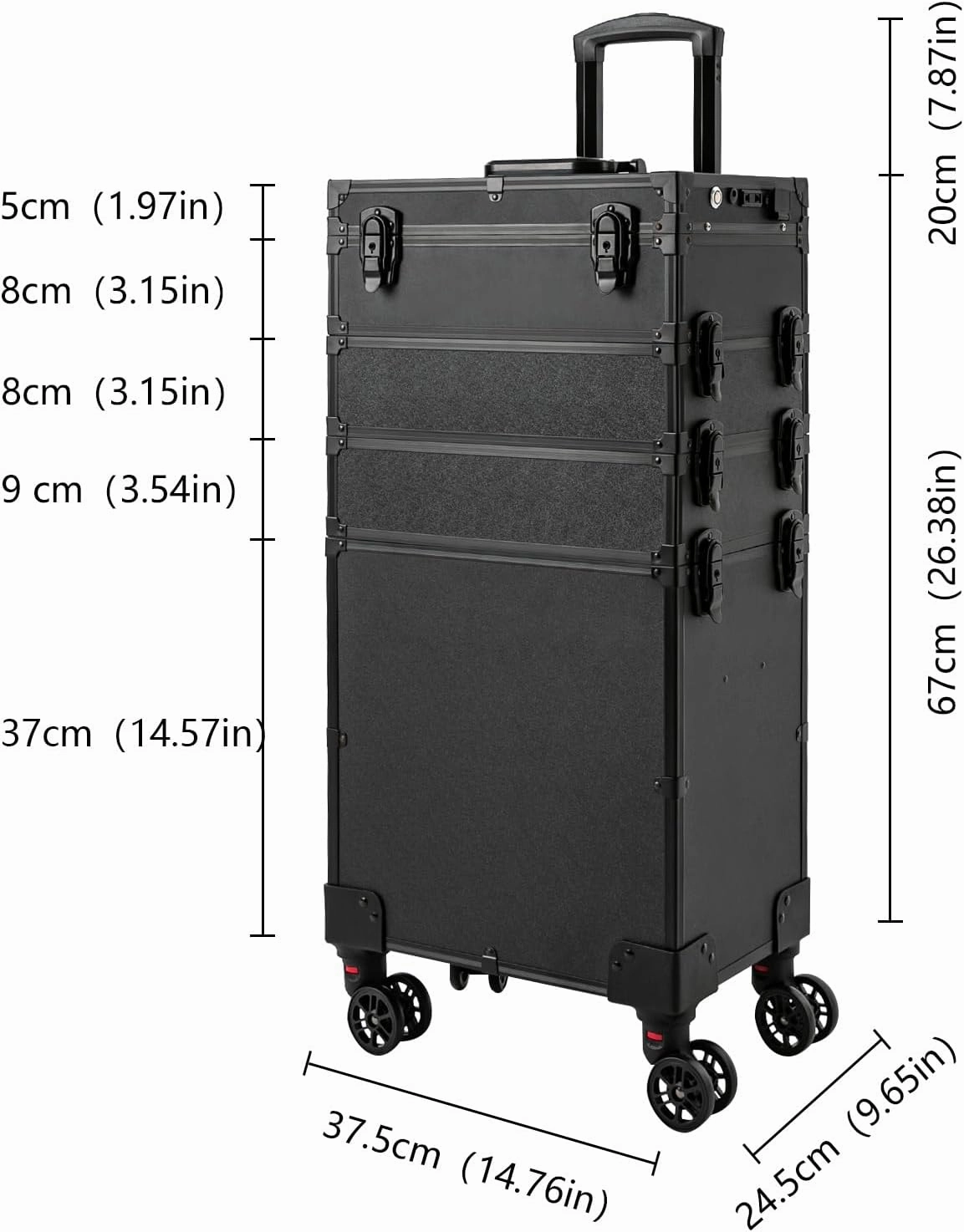 Rolling Makeup Case with Lighted Mirror, 5 in 1 Train Case on Wheels Large Beauty Salon Luggage Cosmetic Trolley for Cosmetology Nail Tech Hairstylist, Black