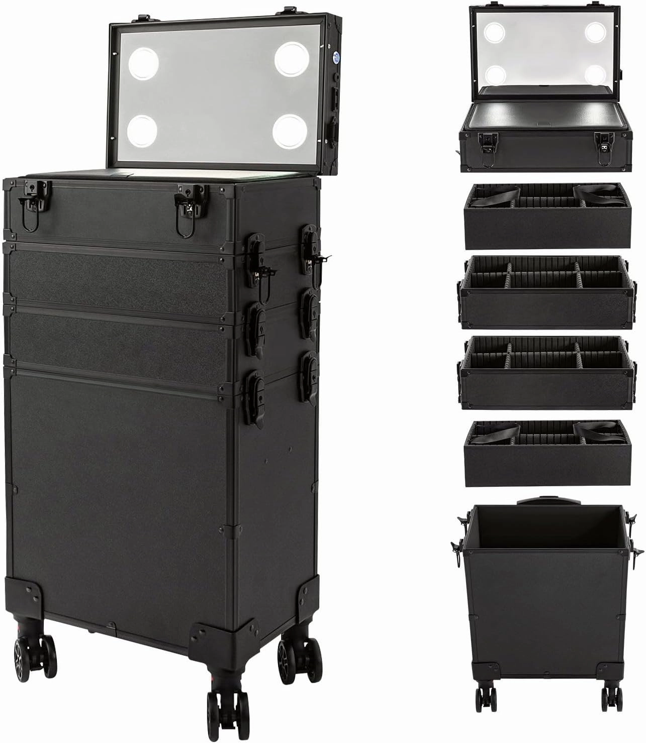 Rolling Makeup Case with Lighted Mirror, 5 in 1 Train Case on Wheels Large Beauty Salon Luggage Cosmetic Trolley for Cosmetology Nail Tech Hairstylist, Black