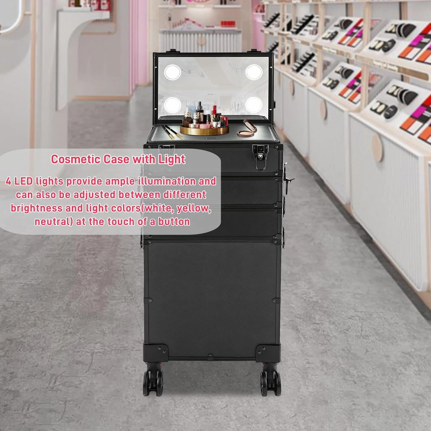 Rolling Makeup Case with Lighted Mirror, 5 in 1 Train Case on Wheels Large Beauty Salon Luggage Cosmetic Trolley for Cosmetology Nail Tech Hairstylist, Black