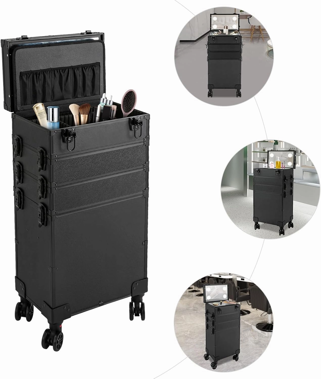 Rolling Makeup Case with Lighted Mirror, 5 in 1 Train Case on Wheels Large Beauty Salon Luggage Cosmetic Trolley for Cosmetology Nail Tech Hairstylist, Black