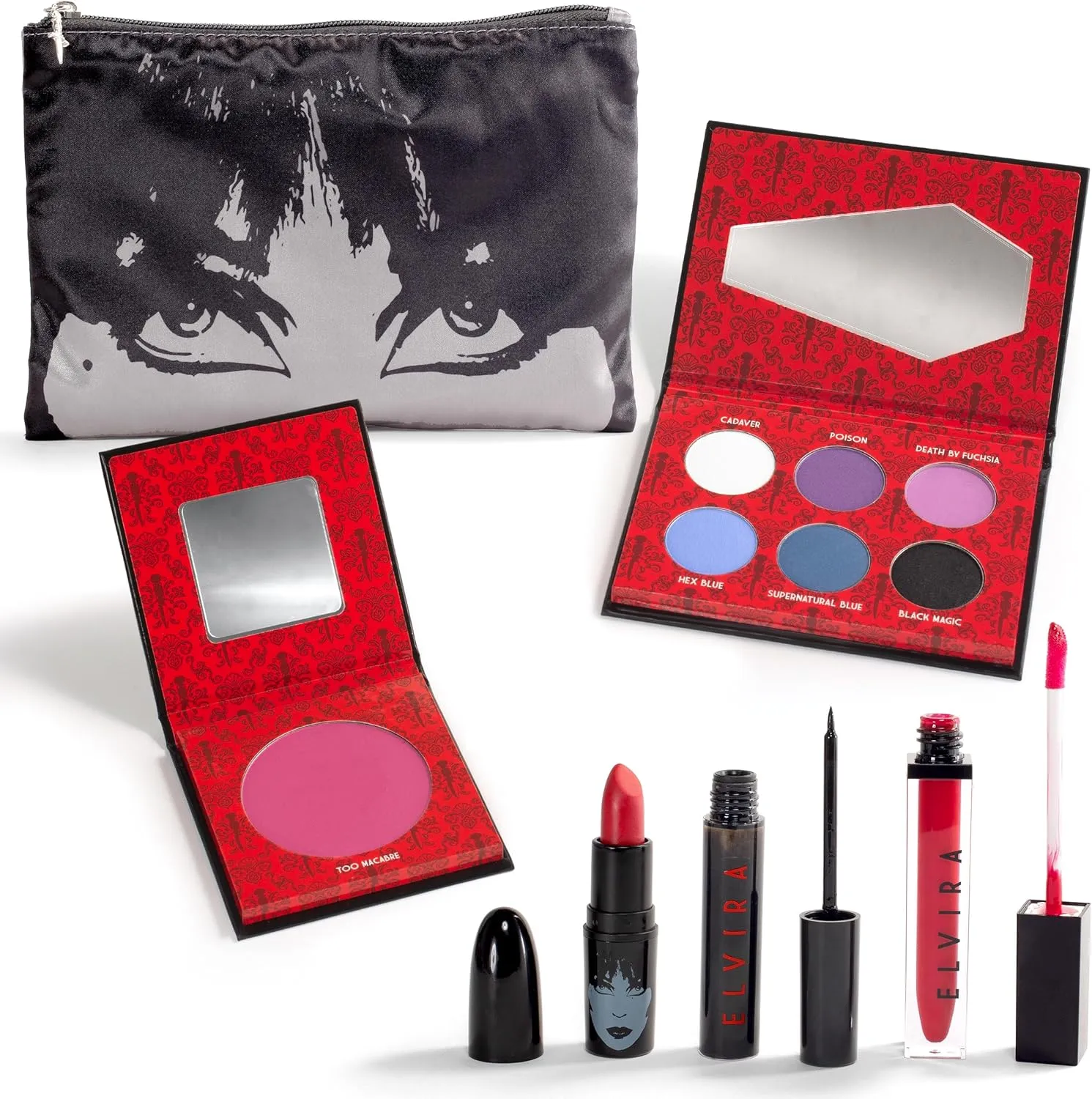 Rubies Officially Licensed Elvira Makeup Kit - Complete Makeup Set Eyeshadow Palette, Lipstick, Lip Gloss, Black Eyeliner, Blush, Makeup Bag, Premium Halloween Make Up for Adults Costume Makeup Kit