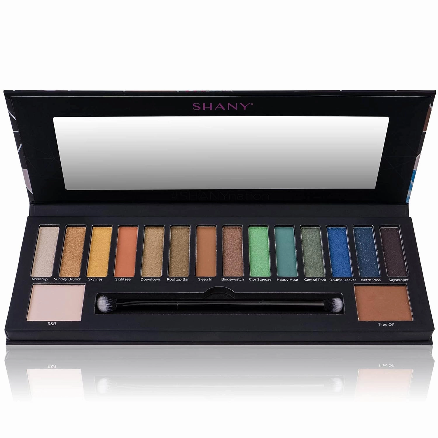 SHANY City Staycay 16-Color Eyeshadow Palette - 16 Highly-Pigmented and Long-Lasting Eye Makeup Shades with Dual-Sided Brush and Built-In Mirror (SH-0016-B)
