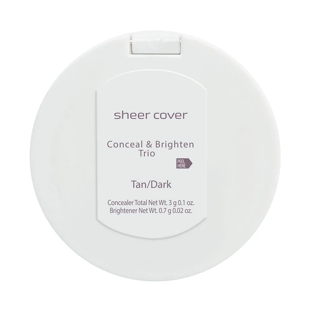 Sheer Cover Studio Conceal & Brighten Concealer- Highlight Trio Tan/Dark Shade Two-Toned Concealers Shimmering Highlighter Tan/Dark Shade with Concealer Brush