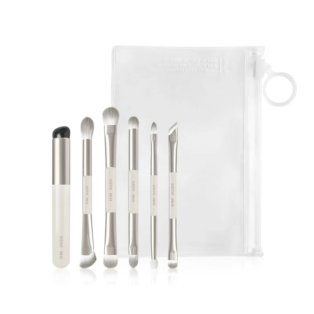 Solone Mini Makeup Travel Brush Set (6pcs) - Blush, Eyeshadow, Pencil, Detail, Accent, and Dual Ended Silicone Makeup Brushes with Wooden Handles; Multifuncational and Vegan & Cruelty Free