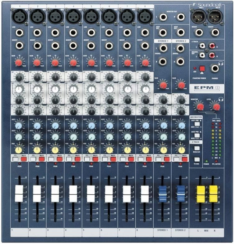 Soundcraft Brand EPM8 8-Channel Mixer, GB30 Mic Preamps, 48-Volt Phantom Power, XLR Connectors, Auxiliary Connectivity