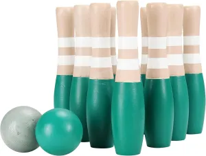 Sterling Sports Wooden Lawn Bowling 9" Skittles Set with Carrying Mesh Bag for Indoors and Outdoors - 10 Wooden Pins and 2 Balls, Green/Turquoise and Gray