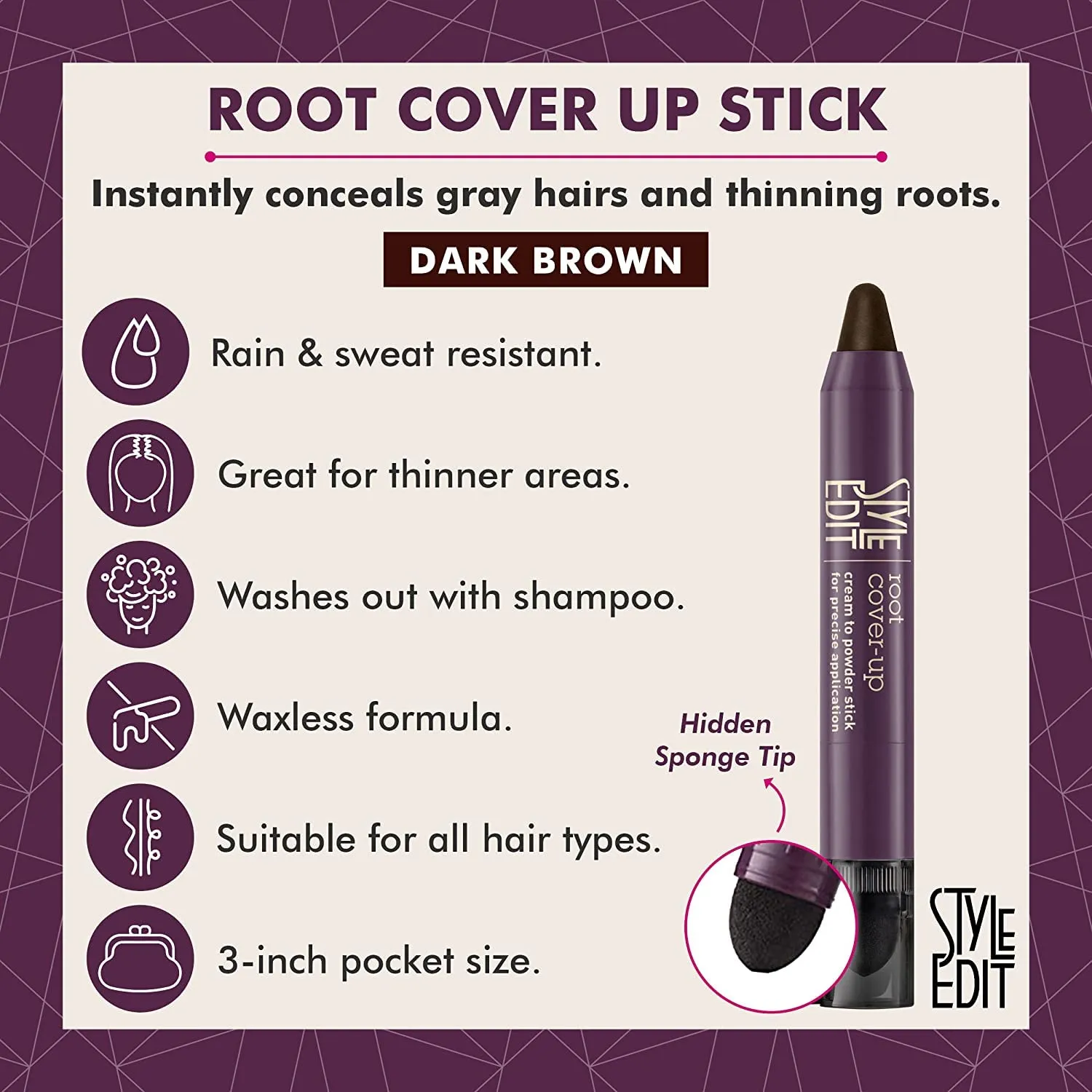 Style Edit Root Touch Up Stick for Gray Hair Coverage and Dark Brown, Temporary Hair Color, Premium Shading Sponge Pen, Hair Makeup Cover Up, 0.11 oz 2 Pack