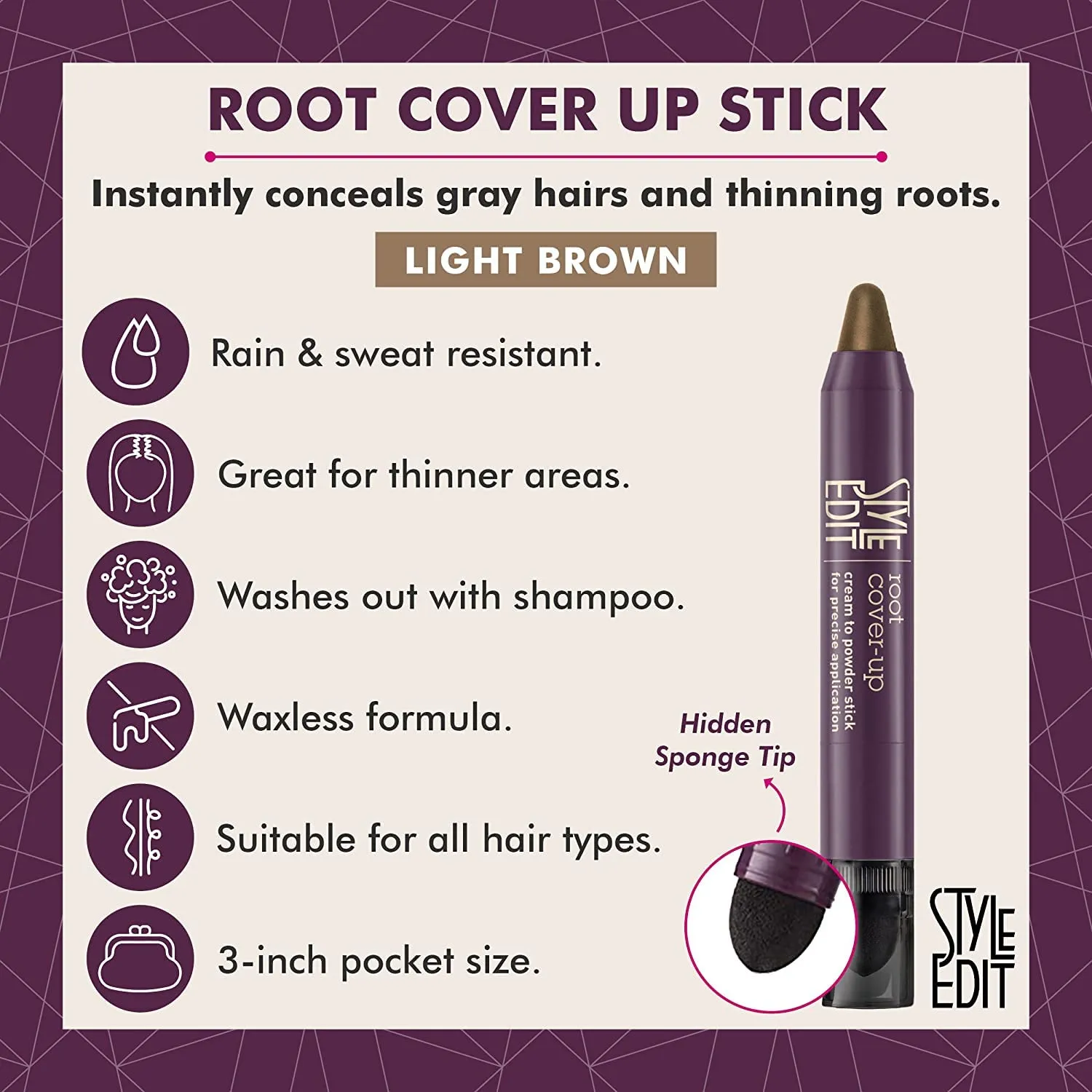 Style Edit Root Touch Up Stick for Light Brown and Gray Hair Coverage, Temporary Hair Color with Premium Shading Sponge Pen, Hair Makeup Cover Up, 0.11 oz 2 Pack