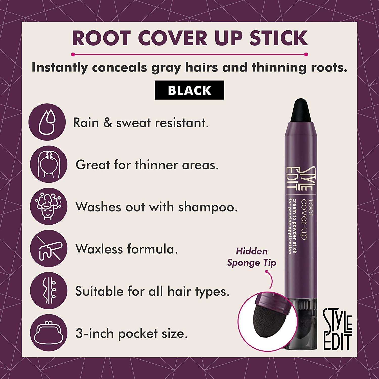 Style Edit Root Touch Up Stick for Gray Coverage, Temporary Hair Color Sponge Pen, Premium Hair Shading Makeup, 0.11 oz 2 Pack
