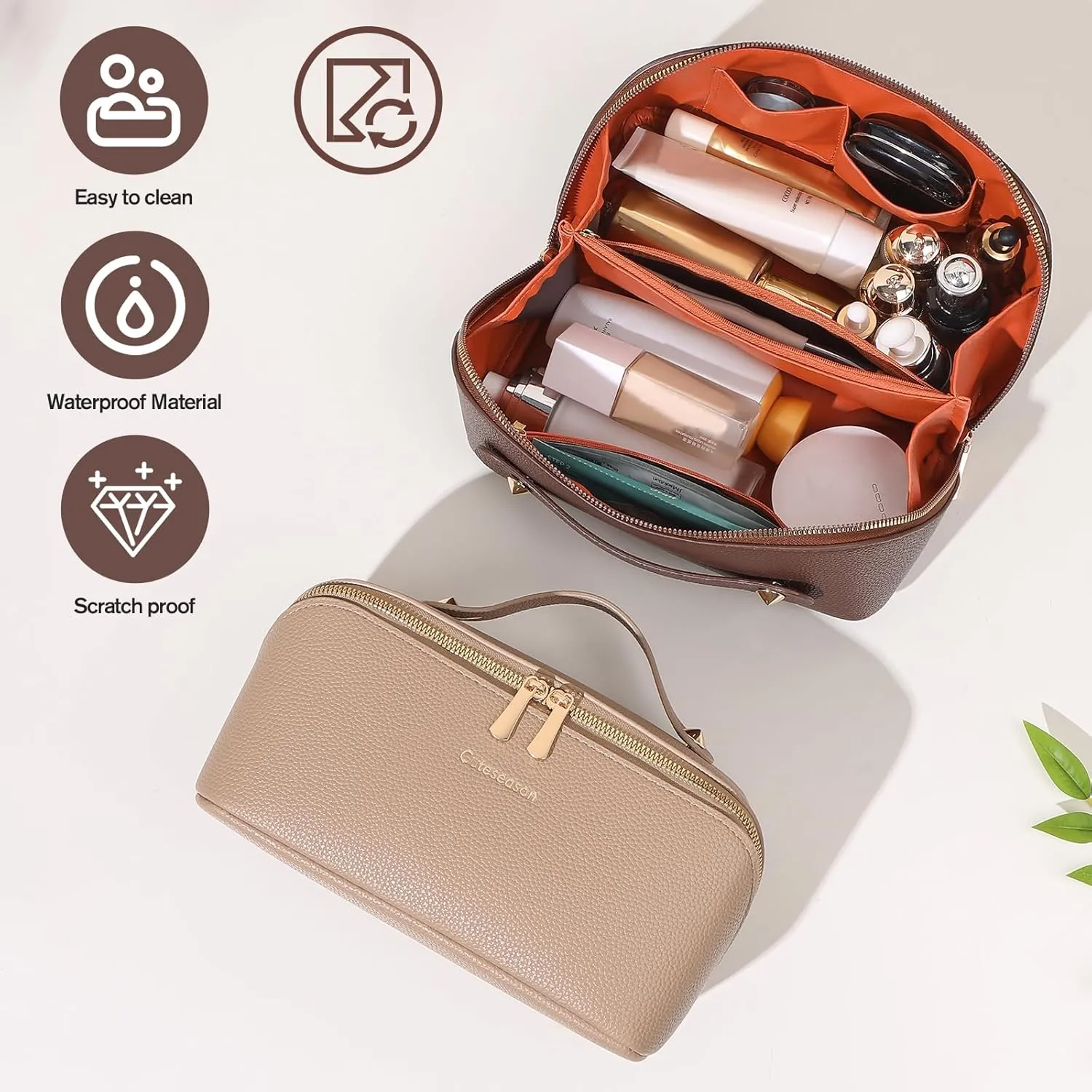 Travel Makeup Bag Travel Toiletry Bag Waterproof PU Leather Checkered Makeup Organizer Bag Woman Cosmetic Organizer Bag With Headband and Wristband Set(Khaki, Checkerboard pattern)