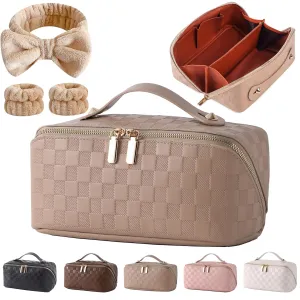 Travel Makeup Bag Travel Toiletry Bag Waterproof PU Leather Checkered Makeup Organizer Bag Woman Cosmetic Organizer Bag With Headband and Wristband Set(Khaki, Checkerboard pattern)
