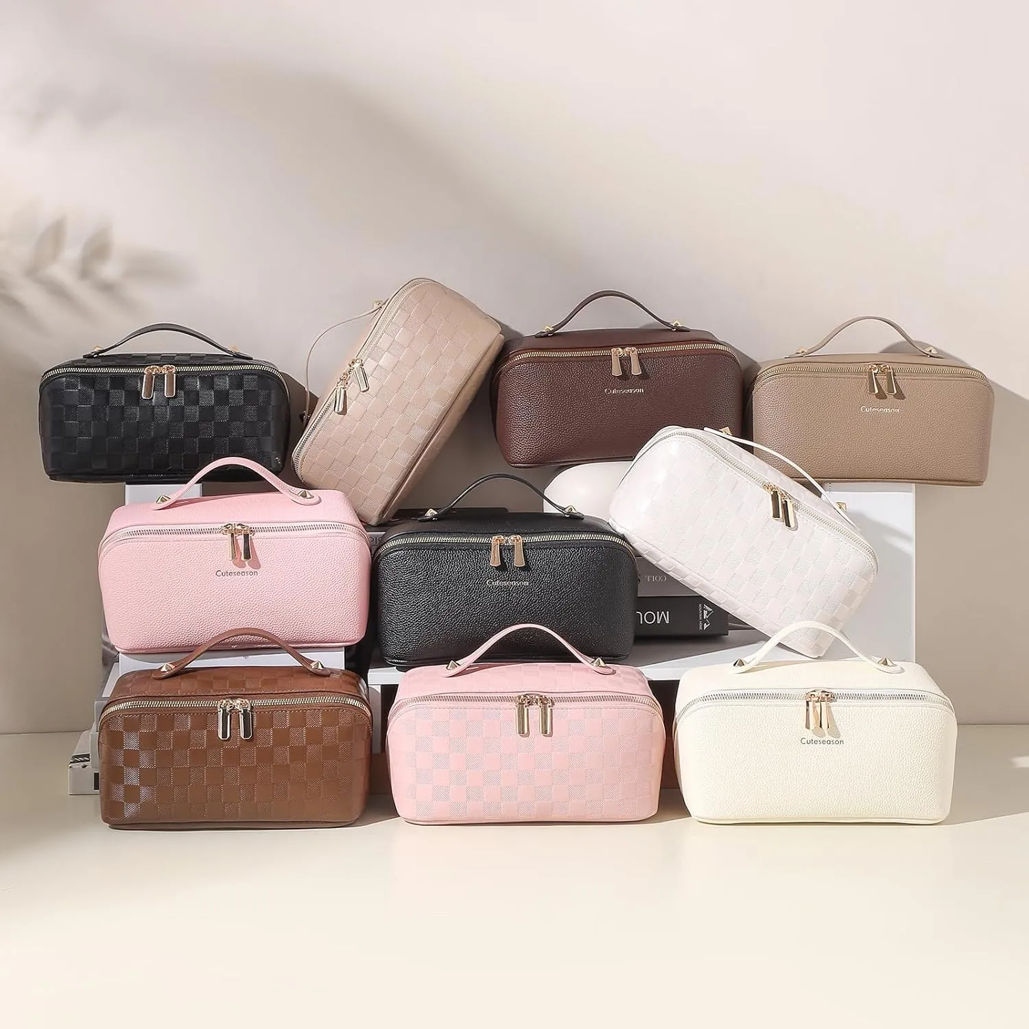 Travel Makeup Bag Travel Toiletry Bag Waterproof PU Leather Checkered Makeup Organizer Bag Woman Cosmetic Organizer Bag With Headband and Wristband Set(Khaki, Checkerboard pattern)