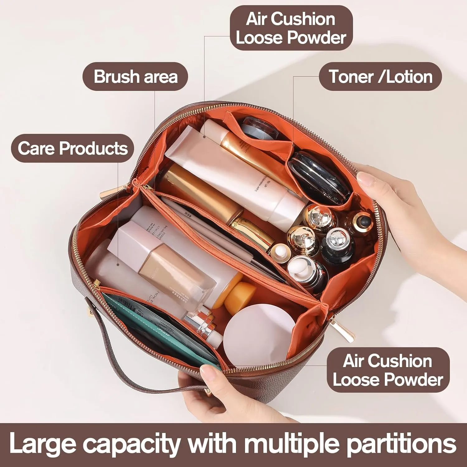 Travel Makeup Bag Travel Toiletry Bag Waterproof PU Leather Checkered Makeup Organizer Bag Woman Cosmetic Organizer Bag With Headband and Wristband Set(Khaki, Checkerboard pattern)