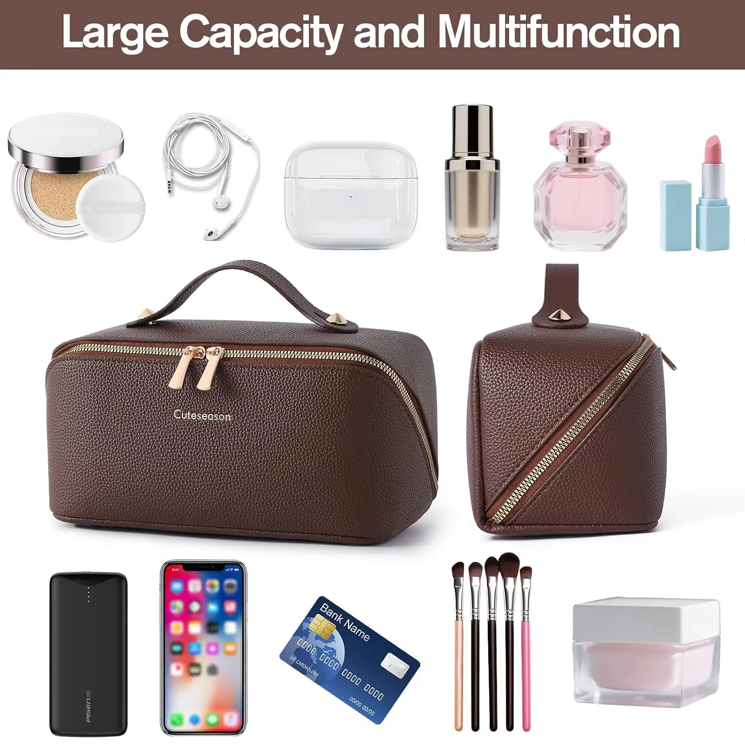 Travel Makeup Bag Travel Toiletry Bag Waterproof PU Leather Checkered Makeup Organizer Bag Woman Cosmetic Organizer Bag With Headband and Wristband Set(Khaki, Checkerboard pattern)