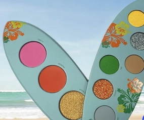 Tropical Surfboard Eyeshadow Palette, Beach Theme, Hibiscus Design, 7 Shades with Glitter and Matte Colors