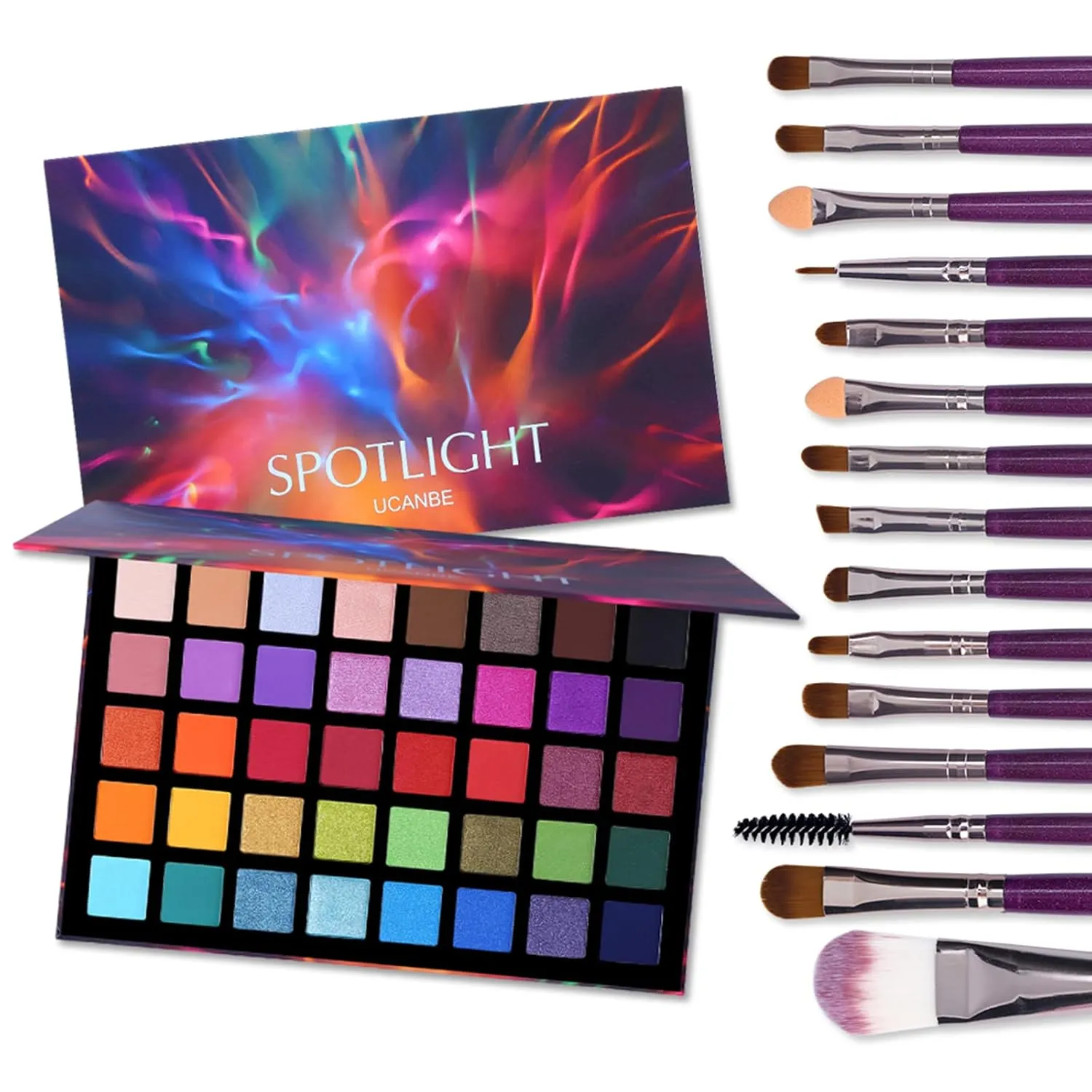 UCANBE Spotlight Eyeshadow Palette   15 PCS Eye Brushes Makeup Set, Professional 40 Color Matte Shimmer Glitter Eye Shadow Pallet Highly Pigmented Waterproof Long Lasting Make up Pallete