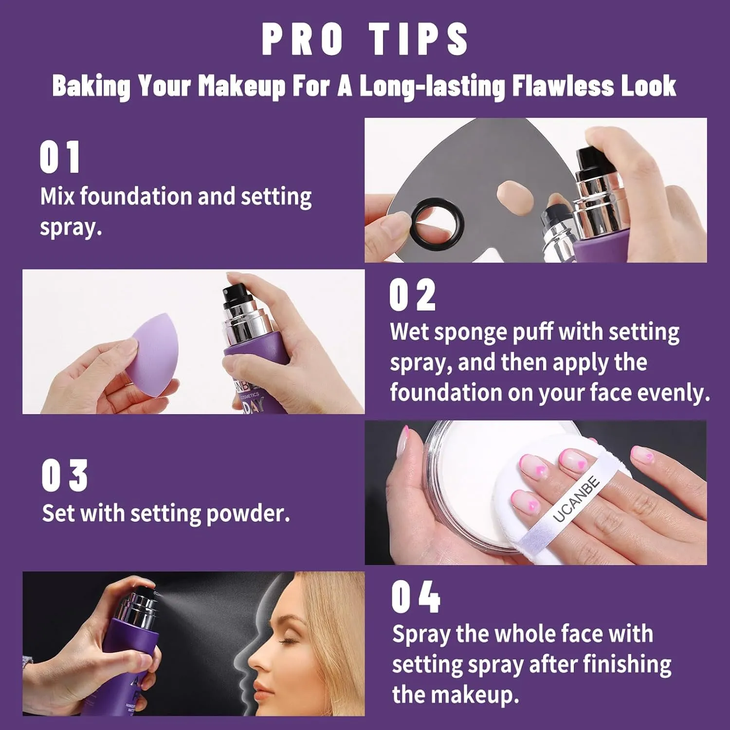 UCANBEMAKUP Long Lasting Makeup Setting Spray Kit- 6.76 Fl oz Hydrating Matte Finish Mist Lightweight Face Make up Fixer  Translucent Loose Setting Powder 2PC Sponge Puff Set