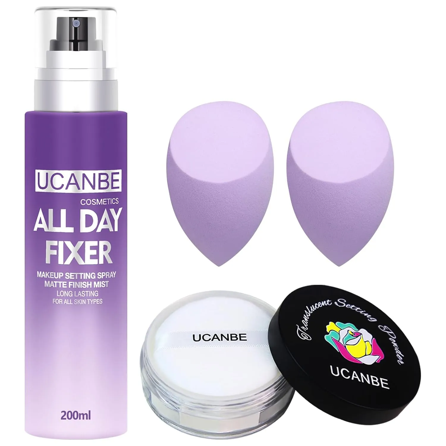 UCANBEMAKUP Long Lasting Makeup Setting Spray Kit- 6.76 Fl oz Hydrating Matte Finish Mist Lightweight Face Make up Fixer  Translucent Loose Setting Powder 2PC Sponge Puff Set