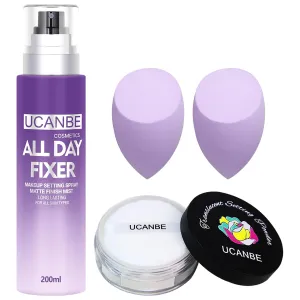 UCANBEMAKUP Long Lasting Makeup Setting Spray Kit- 6.76 Fl oz Hydrating Matte Finish Mist Lightweight Face Make up Fixer  Translucent Loose Setting Powder 2PC Sponge Puff Set