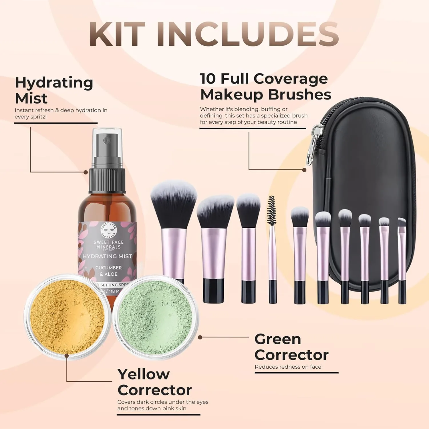 ULTIMATE KIT (WARM- Neutral Shade, Most Popular) Full Size Mineral Makeup Set Matte Foundation Kit Bare Face Sheer Powder Cover
