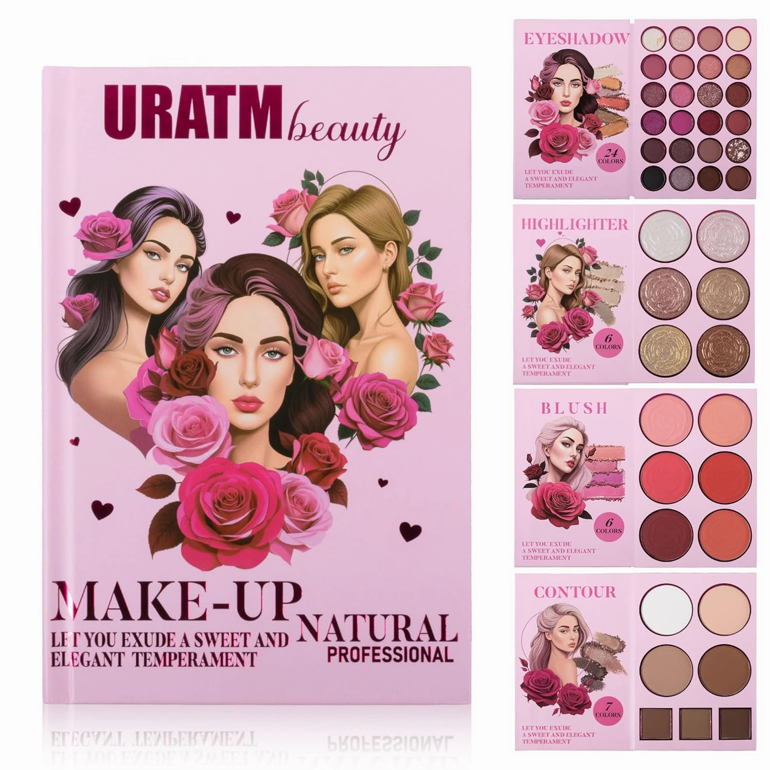 URATM Beauty Professional Makeup Palette Set, 42 Count Eyeshadow, Blush, Highlighter & Contour Powder Palette, Pink