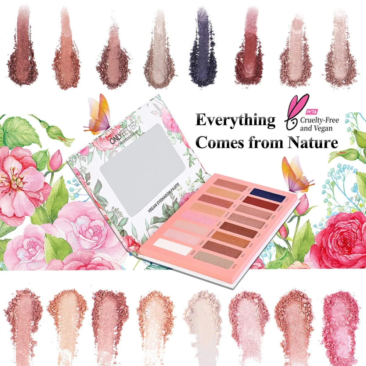 Vegan Nude Eyeshadow Palette - 16 Shades Organic, High Pigment, Long Lasting Shimmer