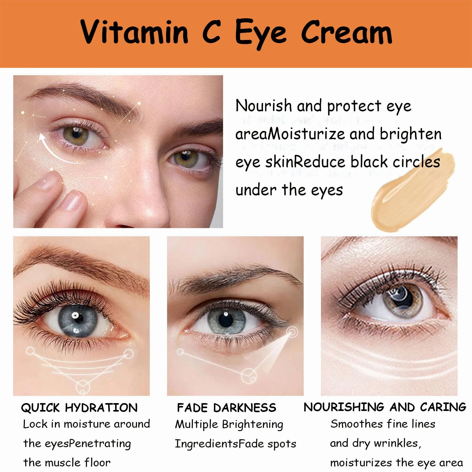 Vitamin C Eye Balm, Brightening Hydrating Cream, Eliminate Bags, Lighten Dark Circles, Smooth Fine Lines Around Eyes (3pcs)