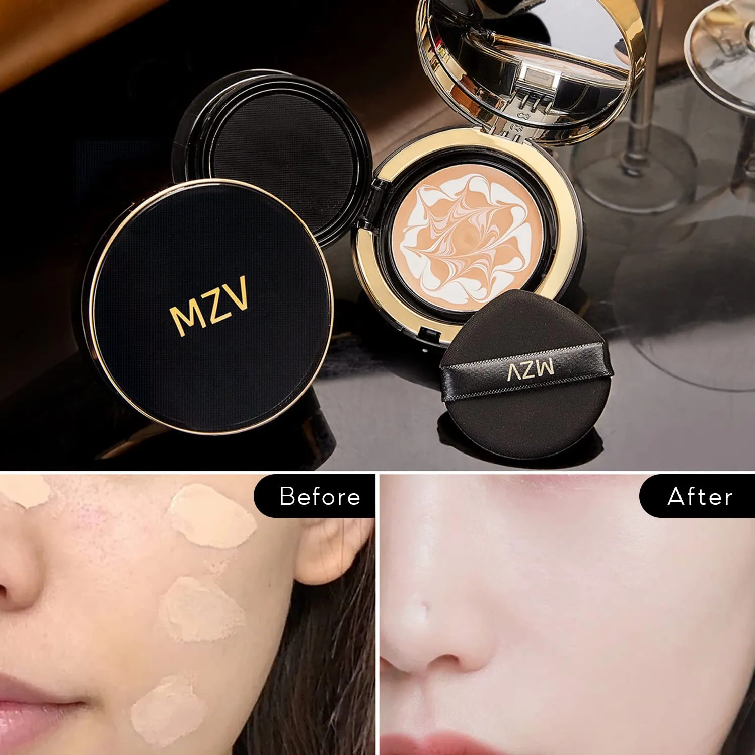 Water Bead Tricolor Latte Concealer Cushion, MZV Air Cushion BB Cream Waterproof Foundation, Moisturizing Long-Lasting Oil Control Conceal Brightening Cushion