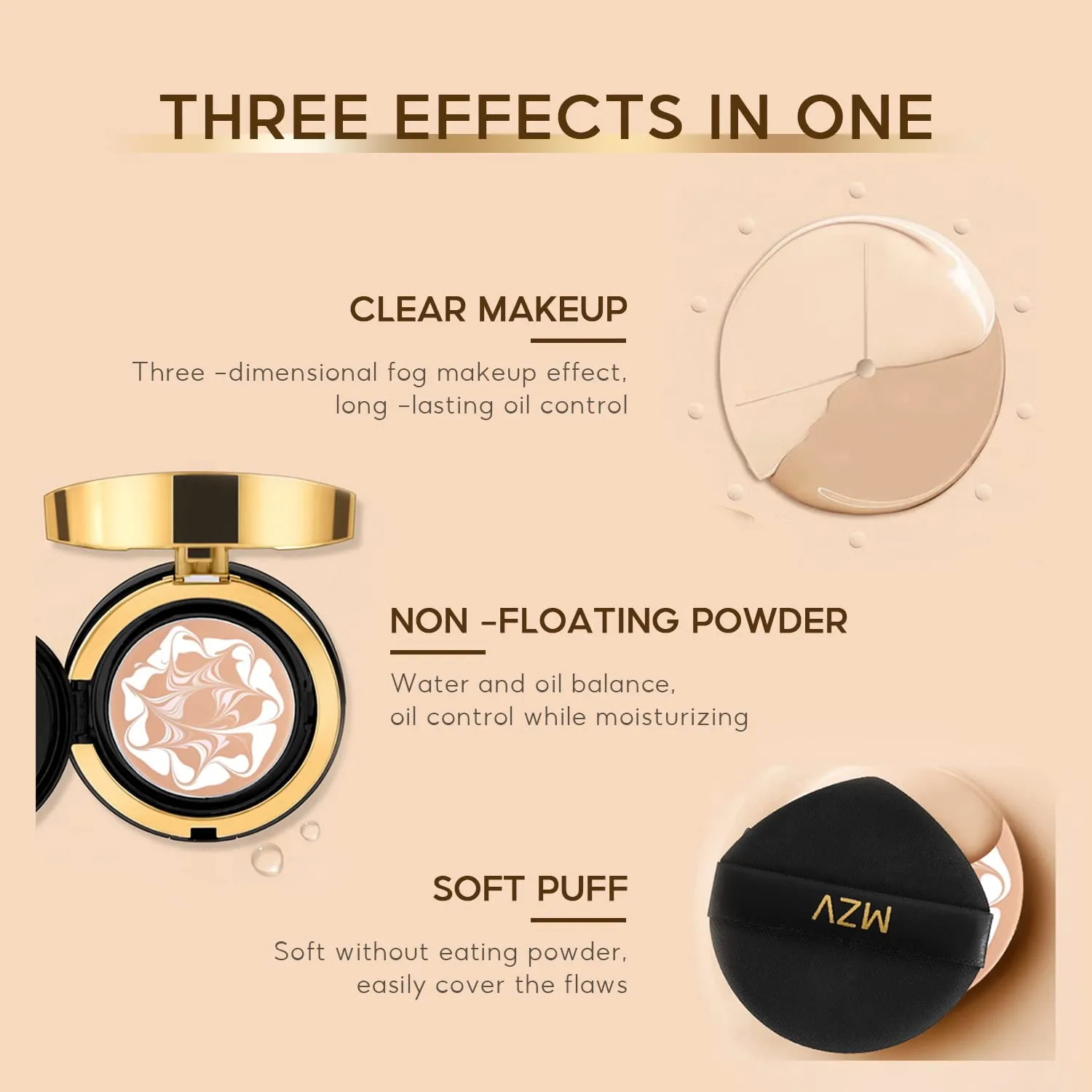 Water Bead Tricolor Latte Concealer Cushion, MZV Air Cushion BB Cream Waterproof Foundation, Moisturizing Long-Lasting Oil Control Conceal Brightening Cushion