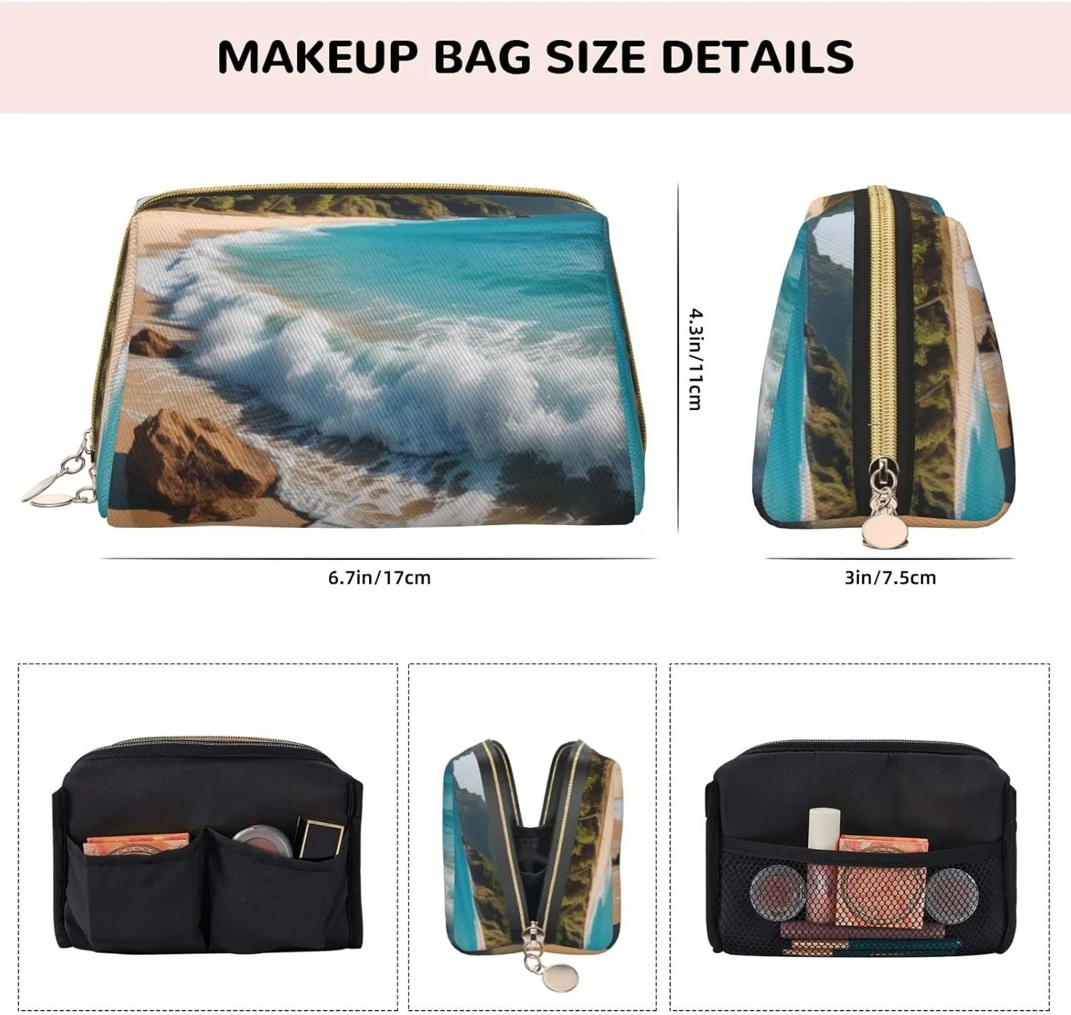 Water Rush to Tropical Beach Printed Small Makeup Bag,Travel Cosmetic Bag Purse with Zipper,Water-resistant Makeup Organizer Bag for Women
