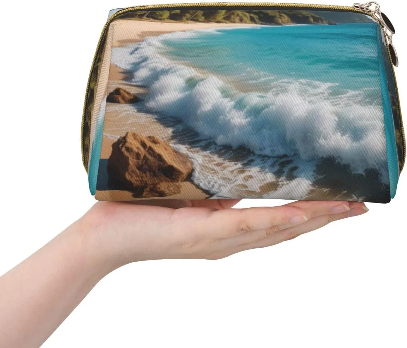 Water Rush to Tropical Beach Printed Small Makeup Bag,Travel Cosmetic Bag Purse with Zipper,Water-resistant Makeup Organizer Bag for Women