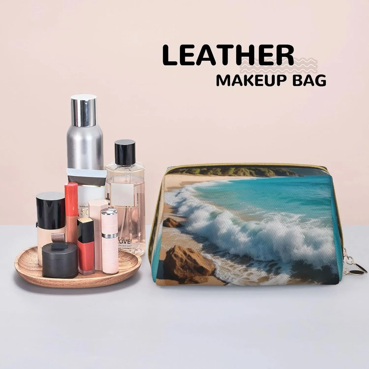 Water Rush to Tropical Beach Printed Small Makeup Bag,Travel Cosmetic Bag Purse with Zipper,Water-resistant Makeup Organizer Bag for Women