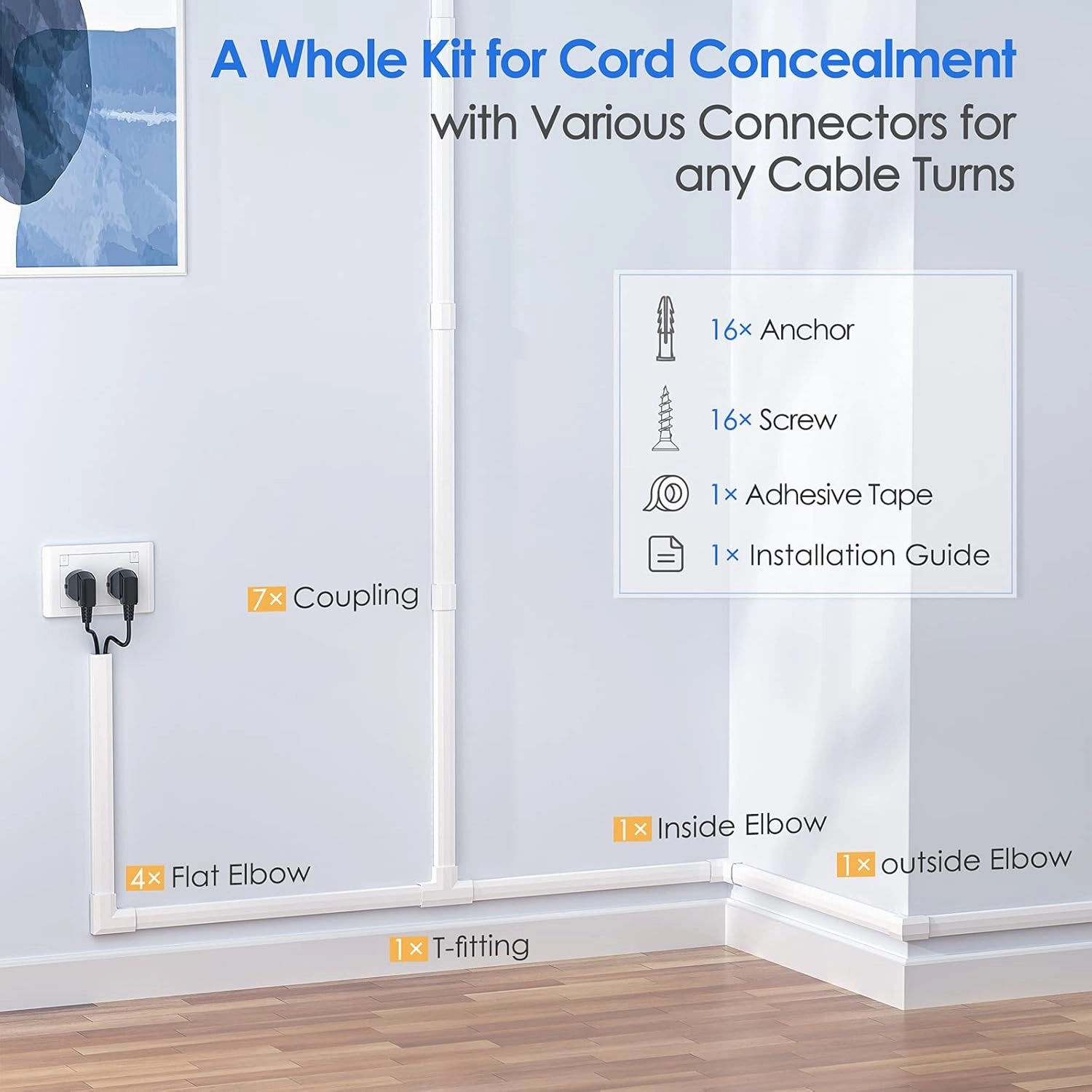 Yecaye 125in Cord Hider, Large Cord Covers for Wires on Wall, Cable Management Kit for Mount TVs, Wire Hider Cable Concealer for Home Office, W1.18in H0.6in, White